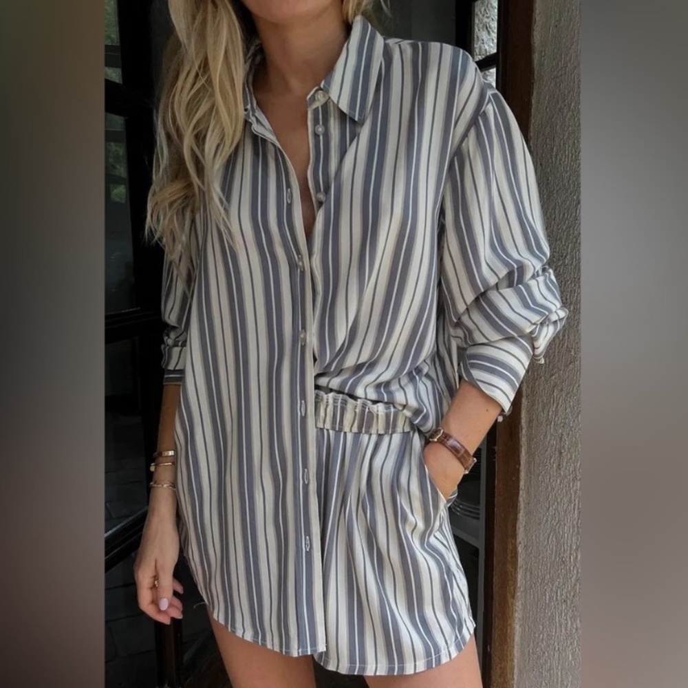 NA-KD x Claire Rose Oversized Striped Button Down Shirt & Elastic Waist Short